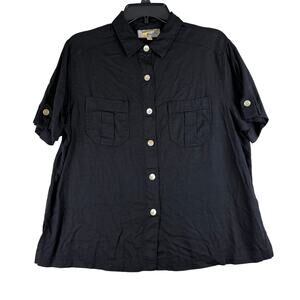 Island Sands Short Sleeve Button Up Blouse Women's XL Black Resort Vaca Utility